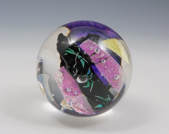 Handmade dichroic glass paperweight with green dragonfly by Elaine Hyde