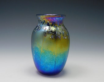 Vivid iridescent blown glass flower vase by Elaine Hyde