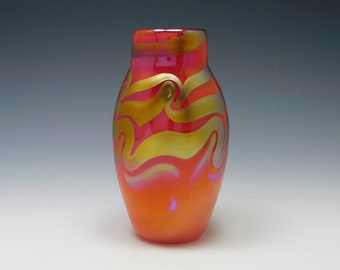 Vivid red and gold blown glass bud vase by Elaine Hyde