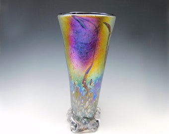 Blown glass fan shaped vase with iridescent colors by Elaine Hyde