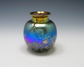 Iridescent blown glass bud vase by Elaine Hyde