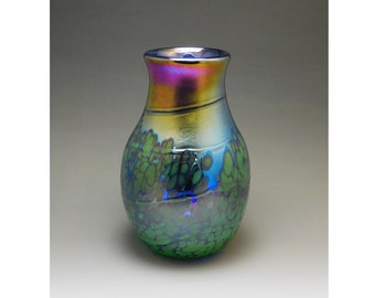 Vivid iridescent blown glass bud vase by Elaine Hyde