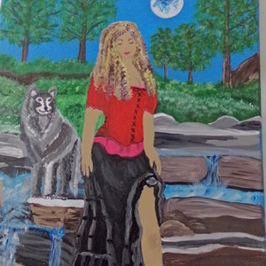 Girl with Wolf and Moon, 11 X 14