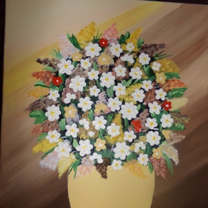 Palette Knife Flowers Gold/Brown Background, Silver Vase, 3-D