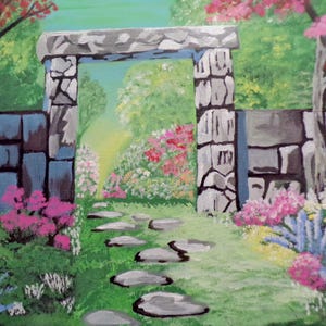 Landscape Stone Gate in a Garden of Flowers