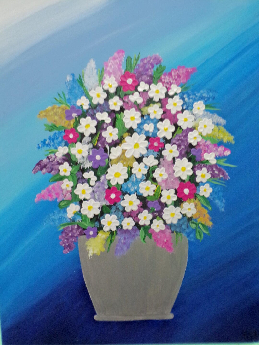 Acrylic Painting of Palette Knife Flowers, 3-D, Blue in a Silver Vase ...