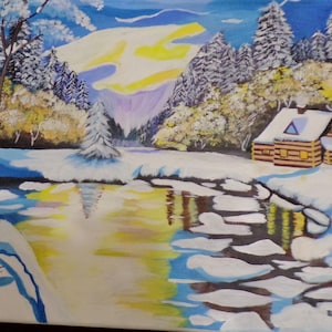 Snowy Lake with a Cabin