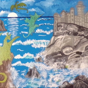 May include: A painting of three green dragons flying over a blue ocean with white waves. A gray stone castle sits on a cliff in the background.