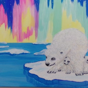 Eisbär, Mutter und Babys, mit Aurora Borealis