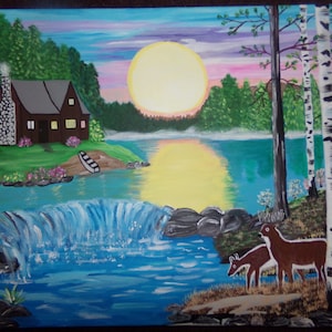 Landscape Deer with Cabin on Lake, 16 X 20
