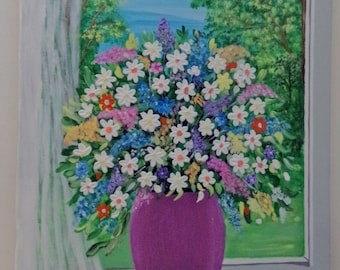 Palette Knife Flowers in aPurple Vase, in a Window, 16 X 20, 3-D