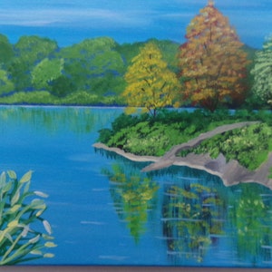 Autumn Trees on a Lake, Acrylic Painting