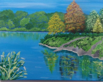 Autumn Trees on a Lake, Acrylic Painting