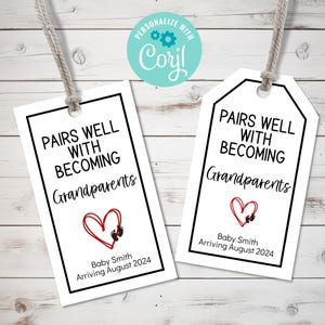 Faire-part de grossesse modifiable, étiquette de vin pour faire-part de bébé imprimable, se marie bien avec l'étiquette-cadeau des futurs grands-parents