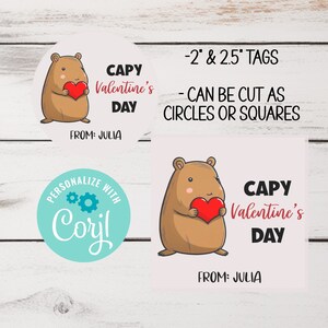 Valentine&#39;s Day Capybara Treat Tags Editable, Capy Valentine&#39;s Day, Printable Gift Tag, Party Favor Tag, Happy Valentine&#39;s Day