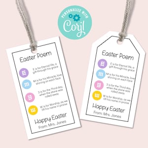 Etiquetas de regalo de Pascua editables, poema de Pascua con M&M, etiqueta imprimible para obsequio religioso de Pascua, obsequio para la clase de la escuela dominical, obsequio cristiano para la búsqueda de huevos