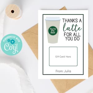 Uchwyt na kartę podarunkową Coffee Thank You Green, wydrukowany prezent z podziękowaniami dla nauczyciela, pracownika, wolontariusza, personelu