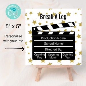 Break A Leg grote bewerkbare tag, afdrukbare tag voor schone kunsten, cadeau voor acteurs, middelbare school theater, drama-cadeautag, gepersonaliseerde filmklapper-tag