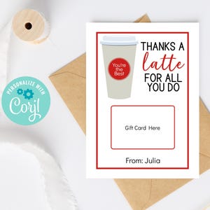 Uchwyt na kartę podarunkową Coffee Thank You Red, wydrukowany prezent z podziękowaniami dla nauczyciela, pracownika, wolontariusza, personelu