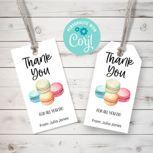 Bearbeitbarer Dankeschön-Geschenkanhänger mit Macarons, druckbarer Wertschätzungsanhänger, Wertschätzungsgeschenk für Kollegen, Dankeschön-Anhänger zum Ausdrucken