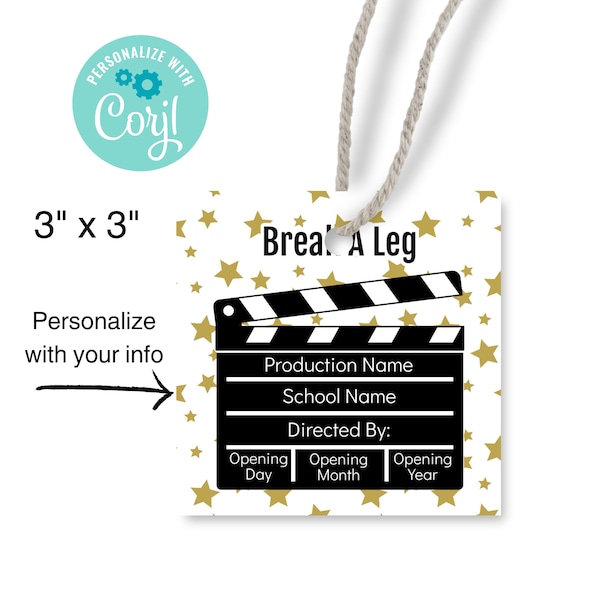 Break A Leg Editable Tag, Printable Fine Arts Tag, Gift For Actors, High School Theater, Drama Gift Tag, Personalized Clapperboard Tag