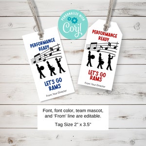 Performance Ready Marching Band Tag bewerkbare sjabloon, gepersonaliseerd bandcadeaukaartje, bandconcert cadeaukaartje, Let's Go-tag