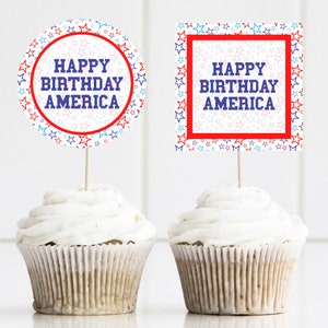 Printable Happy Birthday America Party Favors, Printable July 4th Tag, July 4th Cupcake Topper, 4th of July Sticker, July 4th Cookie Tag