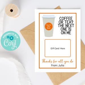 Koffie bedankt oranje cadeaukaarthouder, afdrukbaar waarderingscadeau voor leraar, medewerker, vrijwilliger, personeel