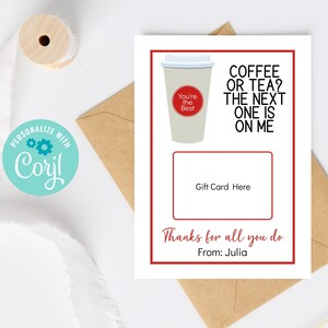Uchwyt na kartę podarunkową Coffee Thank You Red, wydrukowany prezent z podziękowaniami dla nauczyciela, pracownika, wolontariusza, personelu