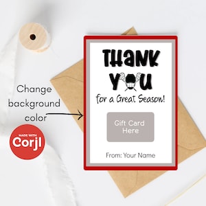 Carte modifiable par un entraîneur ou un parent de l'équipe, Merci pour cette belle saison, Porte-carte cadeau pour entraîneur de crosse, Cadeau de fin de saison