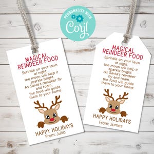 Bearbeitbarer magischer Rentier-Lebensmittelanhänger, druckbare Winterklasse-Party-Tags, Weihnachtsmannmagie, Heiligabend-Tradition, Gastgeschenk für Kinder
