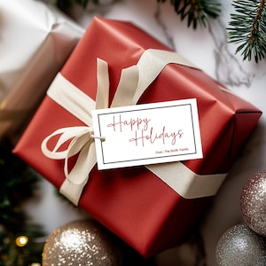 Minimalistischer frohe Feiertage bearbeitbarer Geschenkanhänger, druckbarer moderner Feiertags-Favor-Tag, personalisierte Script-Tag-Vorlage