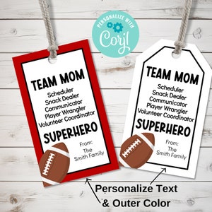 Modelo editável de etiqueta de agradecimento para mãe do time de futebol, etiquetas personalizadas para time de futebol, presente para mãe do time