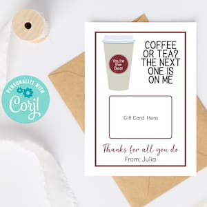 Karta podarunkowa Coffee Thank You Maroon, drukowany prezent z podziękowaniami dla nauczyciela, pracownika, wolontariusza, personelu