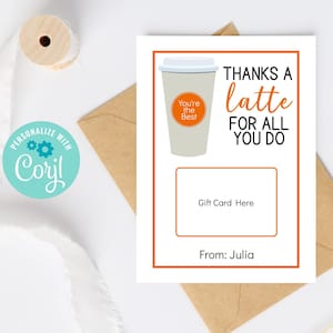Koffie bedankt oranje cadeaukaarthouder, afdrukbaar waarderingscadeau voor leraar, medewerker, vrijwilliger, personeel