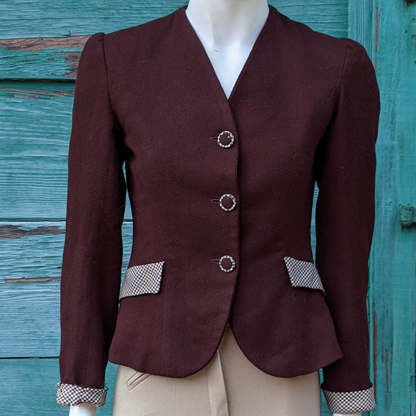 Veste vintage riding style laine marron avec détail à carreaux - années 1940