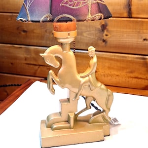 Antique Bronze Table Lamp with Fabric Shade equestrian Art Deco – 1920s