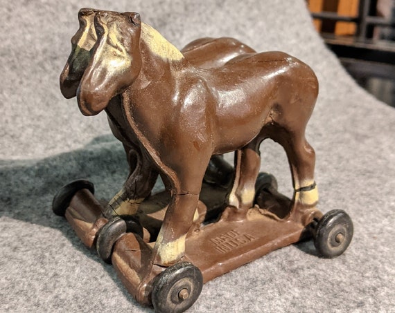 Vintage Toy Horse Pair on Wheels Aub-Rubr Indiana  – 1940s