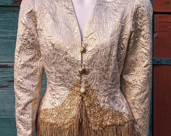 Vintage Cropped Equestrian Jacket with Gold Fringe and Applique – 1980s
