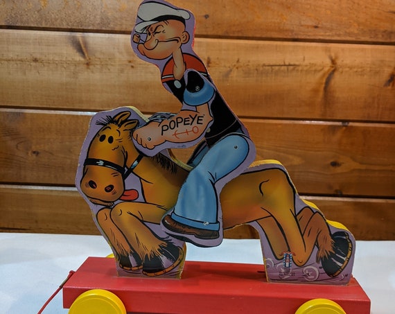 Vintage Pull Toy Popeye on Horse Wood with Animated Action – 1999
