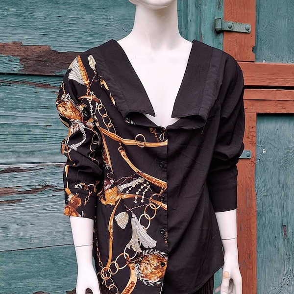 Vintage Blouse Wide Boatneck with Relaxed Collar Equestrian Print – 1990s