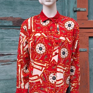 Vintage Blouse Equestrian Red & Gold Cotton Twill – 1980s