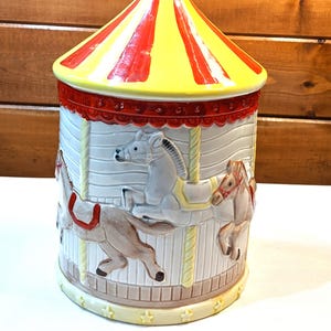 Vintage Ceramic Cookie Jar with 3D Circus Carousel Horses Design – 1960s