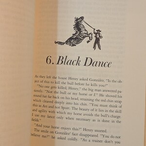 a page from a book titled 6. BLACK DANCE. there is a black and white drawing of a horse rearing up with a person holding a rope