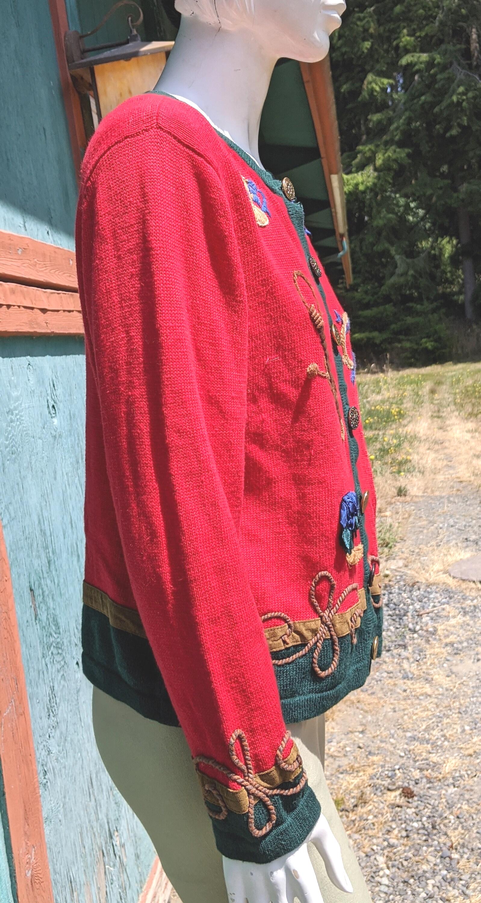 ヴィンテージカーディガン ニット 赤/緑 乗馬刺繍ディテール - 1980