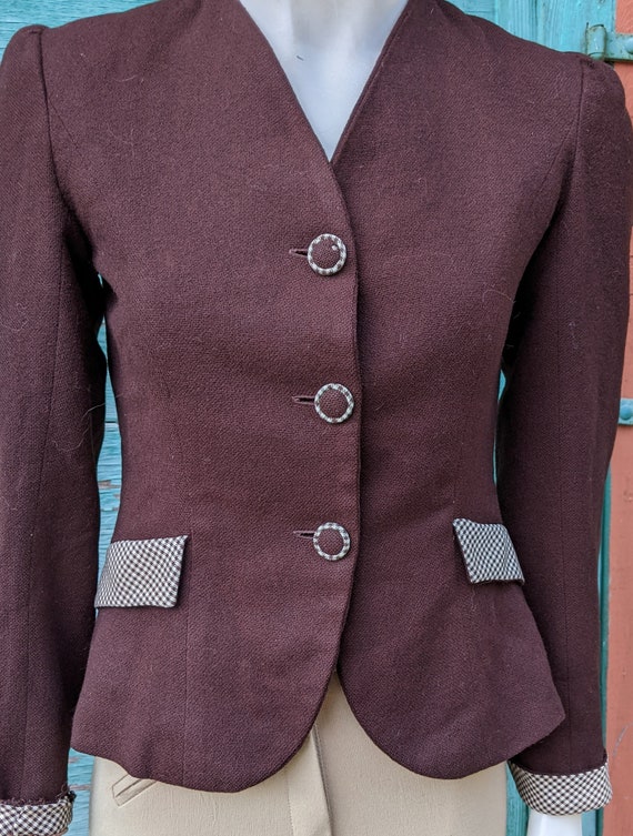 Vintage Riding Style Jacket Brown Wool with Plaid… - image 3