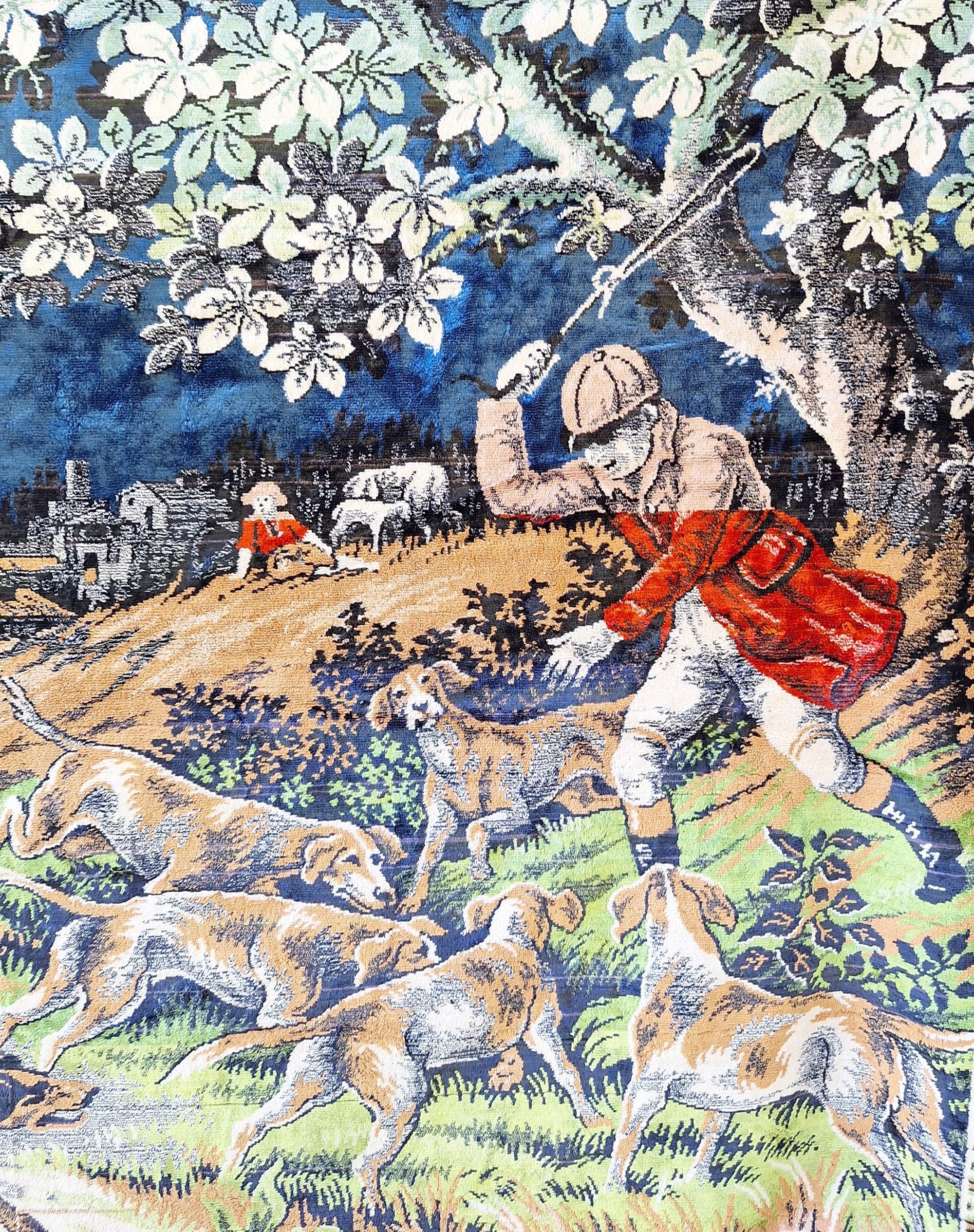 Vintage Velvet Tapestry Fox Hunters and Hounds in Landscape
