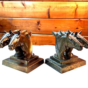 Vintage Bookends Bronze Double Horse Heads on Square base – 1940s