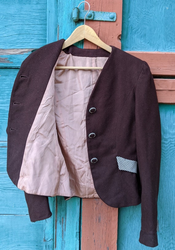 Vintage Riding Style Jacket Brown Wool with Plaid… - image 7