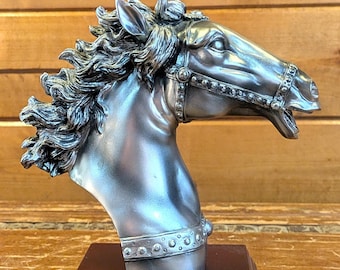 Vintage Figurine Metallic Resin War Horse Head on Wood Base – 1990s